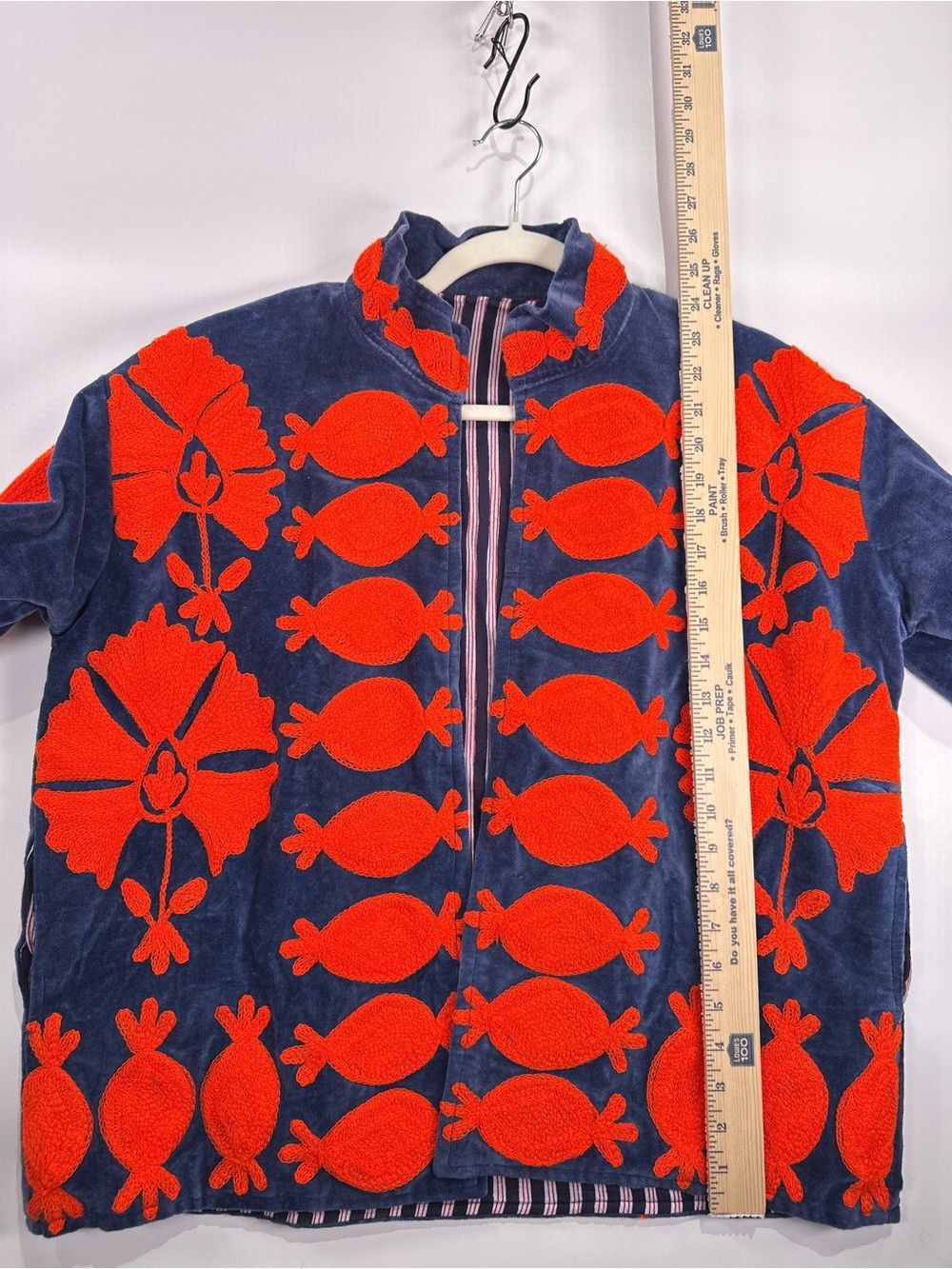 Vintage Velvet Floral Appliqué Jacket Blue Orange Striped Lined Fits Size M L - Picture 10 of 10